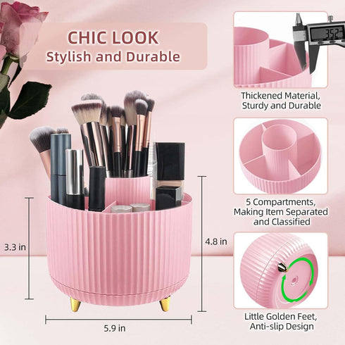 360°Rotating Makeup Organizer, 5 Slot Makeup Brush Holder, Spinning Cosmetic Organizer for Vanity, Bedroom(Pink)...