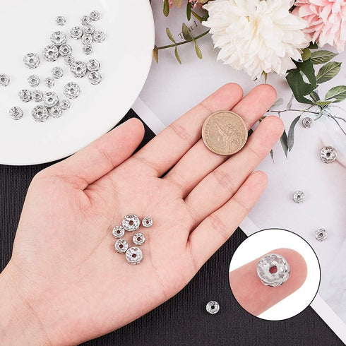 UNICRAFTALE 40pcs 4 Sizes 6mm/7mm/8mm/10mm Disc Spacer Beads 316 Stainless Steel with Clear Crystal Rhinestone Beads Flat Round Bead Spacer for Je...