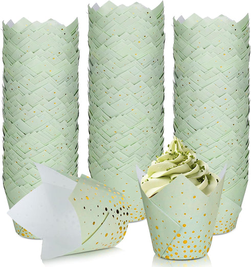Whaline 200Pcs Sage Green Gold Dots Tulip Cupcake Liners Greaseproof Muffin Baking Liners Foil Gold Dots Cupcake Wrappers Baking Cup for Bridal Ba...