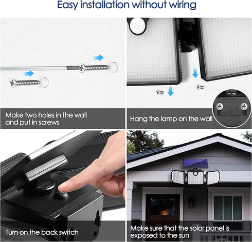 Solar Wall Lights Outdoor,3 Adjustable Head 270° Wide Angle Lighting,Motion Sensor,230 LED 260Lm Flood Lights,IP65 Waterproof for Porch Yard Garag...