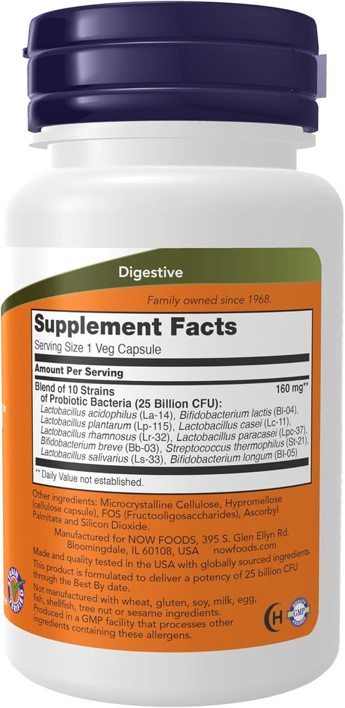 NOW Supplements, Probiotic-10™, 25 Billion, with 10 Probiotic Strains, Dairy, Soy and Gluten Free, Strain Verified, 30 Veg Capsules...