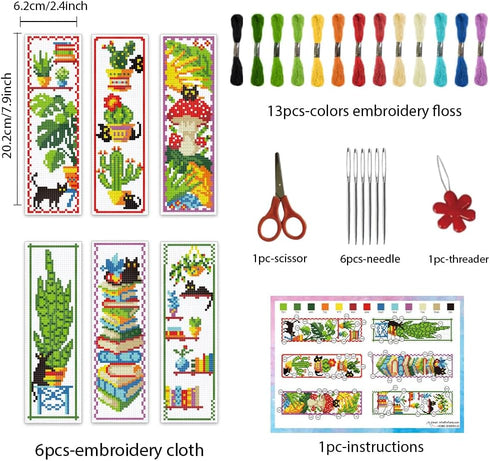 6pcs DIY Cross Stitch Bookmark Kit Plant Stamped Embroidery Bookmark Kits Instruction Included 8.7x3.1" Black Cat Easy Cross Stitch Kits for Adult...