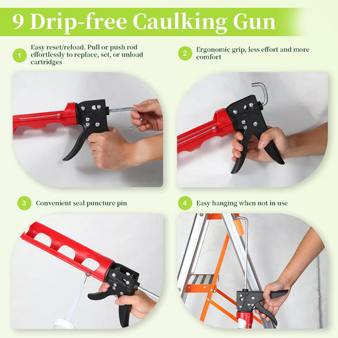 Drip-Free Caulking Gun Ratchet Rod Caulk Gun Applicator 15:1 Thrust Ratio Labor-Saving Lightweight Nylon Frame Cartridge Gun for 10oz/300ml Standa...