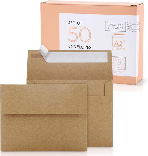 Sweetzer & Orange A2 Envelopes (50 with Box). Brown Envelopes Self Seal. Luxury 150gsm For Greeting Card Envelopes and Invitation Envelopes 4.375 ...