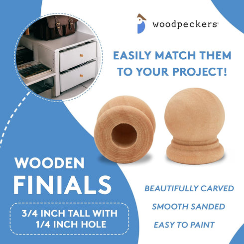 Wood Finials, 3/4 Inch Tall with 1/4 Inch Hole, Unfinished Wood Finials for 1/4 Inch Dowel Rods, Wood Dowel Caps for Crafts and DIY, Pack of 100 b...