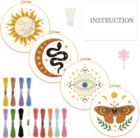 INFUNLY 4pcs Evil Eyes Embroidery Starter Kit for Beginners Moth Cross Stitch Kits for Adults Sun and Moon Stars Snake Stamped Stitches Embroidery...