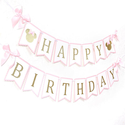 Minnie Happy Birthday Decorations - Minnie 1st/First Birthday Banner,Mouse Pink And Gold Birthday Banner,Mouse Birthday Party Banner...