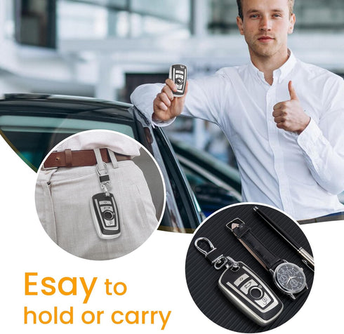 for BMW Keychain with Leather Keychain, Advanced Soft TPU Surface Grain Key Fob Holder for Classic Style BMW Smart Key(Silver)...