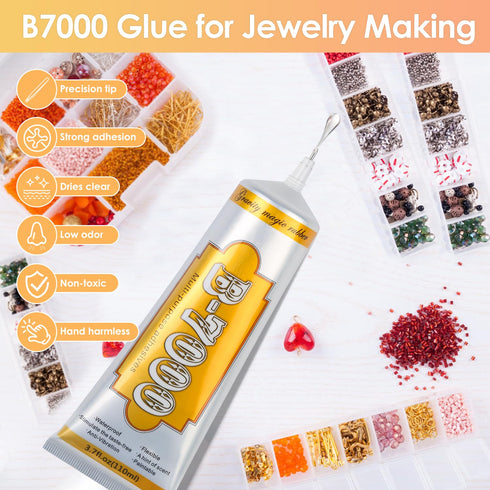 B 7000 Clear Glue with Rhinestones Craft Kit, 2 x 110ML B-7000 Adhesive Glue with Nail Gems, Dotting Tools, Brush for DIY Bead Stone Jewelry Makin...