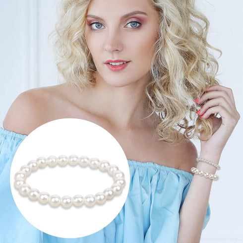 5 Pcs White Pearl Bracelets for Women, White Stretch Bridesmaid Pearl Bracelets Bridal Wedding Elastic Bracelets Stackable Faux Pearl Bracelets fo...