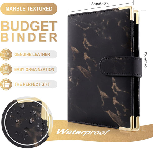 Onlyesh A6 Binder, Marble Budget Binder, Refillable 6 Ring Mini Binder for A6 Filler Paper, Leather Binder Cover with Magnetic Buckle Closure, Bla...
