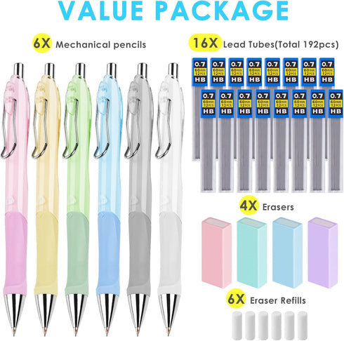 Tomorotec Mechanical Pencils Set 6PCS Pack School Office Supplies with Erasers Lead Cap Eraser Refills, 0.5 mm HB Lead Pencil for Writing Sketchin...