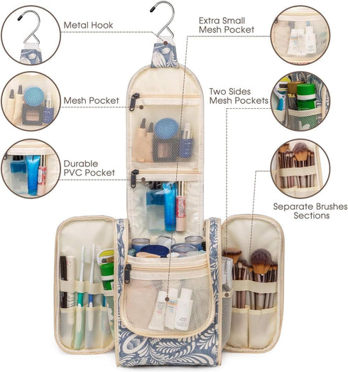 Narwey Hanging Toiletry Bag Women Travel Makeup Bag Organizer Toiletries Bag for Travel Size Essentials Accessories Cosmetics (Medium, Blue Leaf-1...