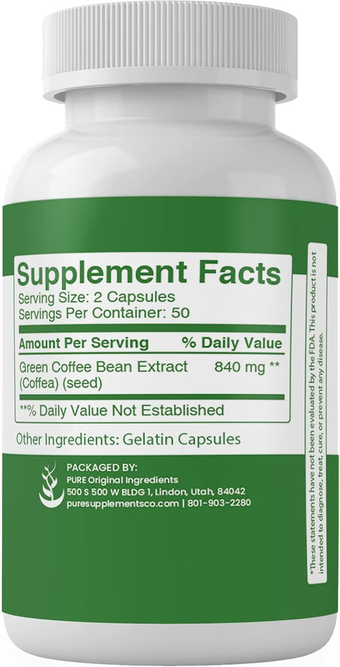 PURE ORIGINAL INGREDIENTS Green Coffee Bean Extract, (100 Capsules) Always Pure, No Additives Or Fillers, Lab Verified...