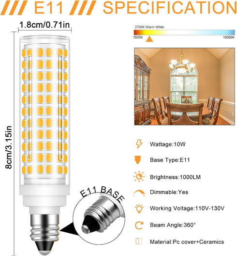 E11 LED Bulb Dimmable,100W Halogen Bulbs Equivalent,T4 Mini Candelabra LED Bulb Dimmable 10W 1000LM,Warm White 3000K,120V 75W 100W JDE11 LED for C...
