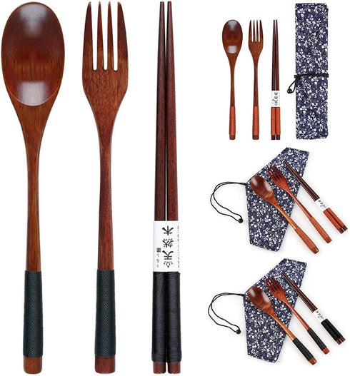 Wooden Chopsticks Spoon Fork Set Japanese Style Tableware Travel Utensils with Pouch for Camping,Picnic,Office or Home (Style A)...