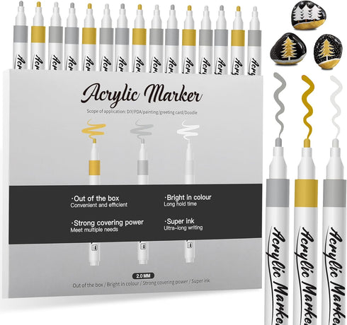 Acrylic Paint Pens Markers,15 Pack Acrylic Markers, 2-3mm Medium Tip, White Gold Silver Paint Pen for Art Projects, Drawing, Rock Painting, Cerami...