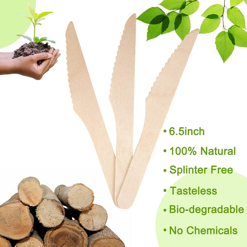 100 Pack Disposable Knives - 6.5 Inch Length Wooden Cutlery - Biodegradable Silverware For Catering Formal Events, Parties, BBQ, Picnic, Camping, ...
