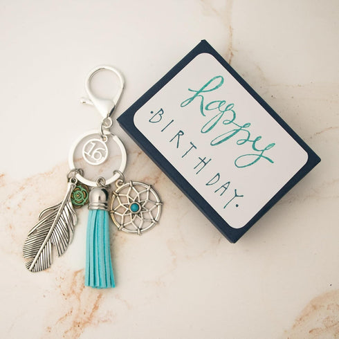 Sweet 16 Keychain for Her Dream Catcher 16th Birthday Gift for sweet 16 Birthday Key Chain, Packaged in Hand Stamped Box...