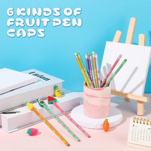Leinuosen 30 Pieces Scented Pencils Fun Pencil with 12 Eraser Cartoon Pencil Toppers Fruit Pencil Toppers with Pencil Toppers Lovely Wood Pencil w...