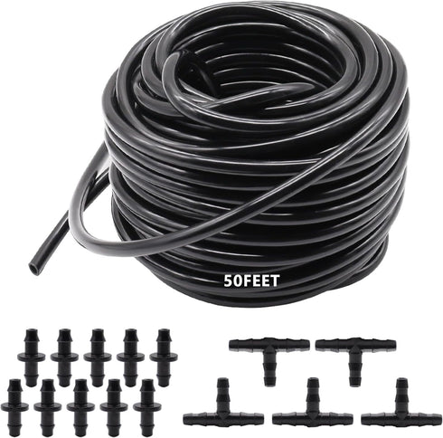 50FT 1/4" Blank Distribution Tubing Drip Irrigation Tubing Drip Irrigation Hose, Garden Watering Tube Line with 15PCS Drip Irrigation Barbed Conne...
