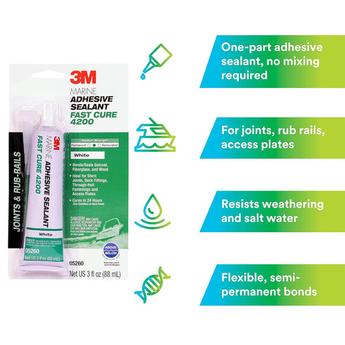 3M Marine Adhesive Sealant Fast Cure 4200 (05260) – Semi-Permanent Flexible Adhesive Sealant for Boats and Marine Applications – White – 3 Ounces...
