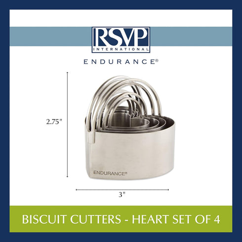 RSVP International Endurance Heart Shape Biscuit Cutters - Stainless Steel, Set of 4 | Nest for Easy Storage | For Cutting Thick or Thin Dough | P...