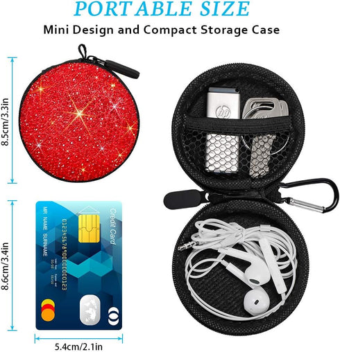 SAVORI Earphone Case Earbuds Small Carrying Cases Bling Rhinestone Crystal Portable Headphone Organizer Storage Pouch Bag with Carabiner 1 Pack (R...