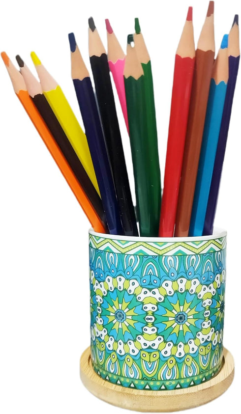 Cute 2.95 Inches Modern Cylindrical Mandalas Shaped Ceramic Succulent Cactus Flower Plant Pots with Bamboo Tray - Plant Not Included (Green)...