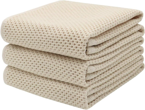 Mia's Dream Soft Absorbent Cotton Waffle Weave Kitchen Dish Cloth Washcloth, 13x28 inch 3 Pack (Beige)...