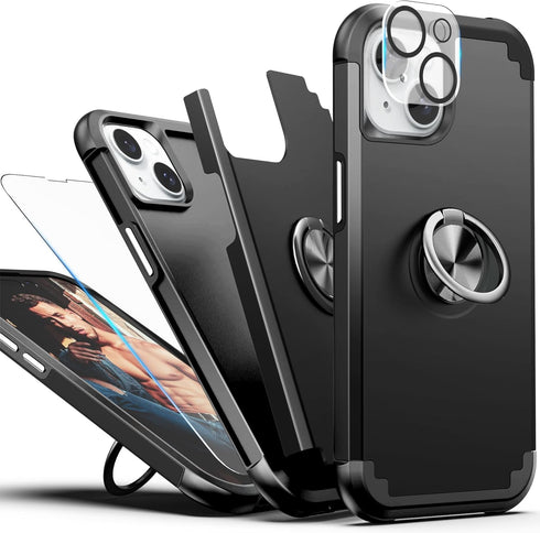 IDweel for iPhone 14 Case with Screen Protector + 360°Ring Holder Stand + Camera Lens Protector,2 in 1 Shockproof Slim Fit Hybrid Heavy Duty Hard ...