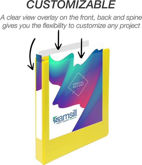 Samsill Durable 1 Inch Binder, Made in the USA, D Ring Binder, Customizable Clear View Binder, Yellow, Holds 225 Pages...