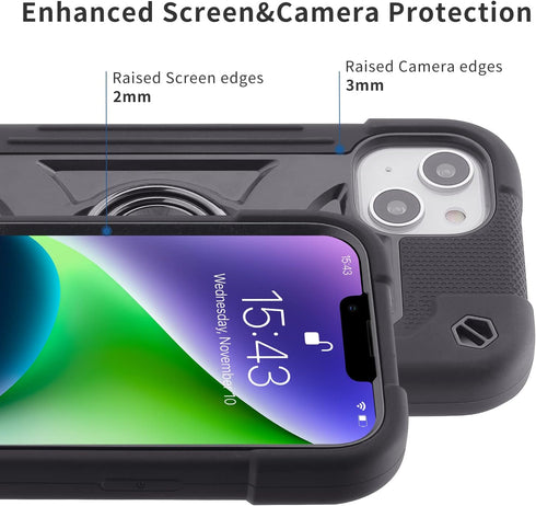 for iPhone 14 Plus Case 6.7 Inch with Ring Stand, with 2 Pack Glass Screen Protector + 1 Pack Camera Lens Protector,Heavy-Duty Shockproof Military...