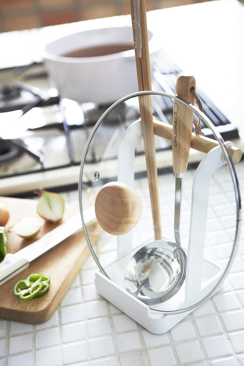 Yamazaki Home Ladle & Lid Rest - Kitchen Utensil Organizer Stand for Cooking Steel + Wood White...