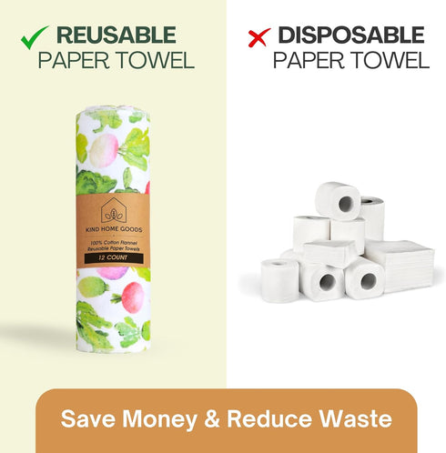 Reusable Paper Towels Washable Roll (12”x10”) - Soft, Absorbent 100% Cotton Flannel Papertowels - Reusable Dish Cloths w/Cardboard Roll - Kitchen ...