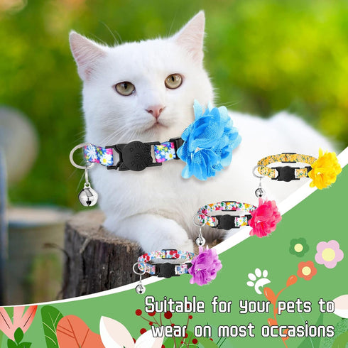Weewooday 4 Pcs Spring Cat Collar for Girl Cats Gir Cat Collars Flower with Bell and Removable Floral Flower Patterns Adjustable Collar for Pets H...