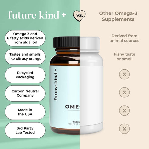 Future Kind Vegan Omega 3 Supplement (2 Month Supply) - Glass Bottle & Carrageenan-Free Algae Omega 3 Supplements for Joint, & Mood Support - DHA ...