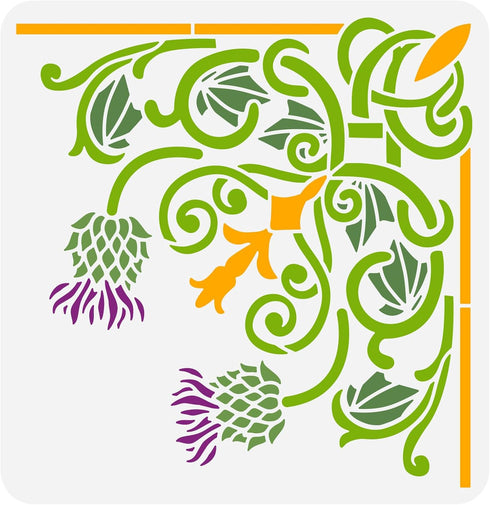 FINGERINSPIRE Thistle Flower Corner Stencil 11.8x11.8inch Reusable Floral Corner Painting Template DIY Craft Plants Corner Decoration Stencil for ...
