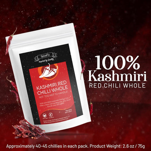 SpiceFix - Whole Kashmiri Red Chilli Pepper, Mild to Medium Heat Natural Stemless Chillies, Sun-Dried Red Pepper, Indian Dried Chili Peppers in a ...