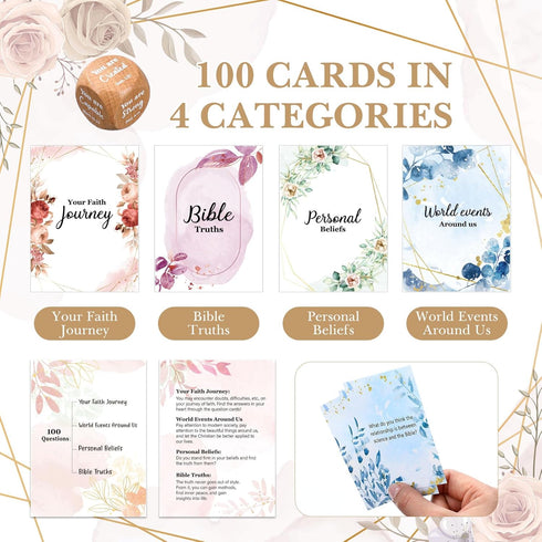 100 Pcs Bible Study Cards Christian Cards Game Conversation Cards Religious Starter Playing Cards with Wooden Box Inspiration Dice Set for Christi...