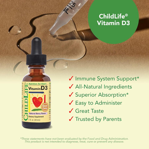 CHILDLIFE ESSENTIALS Vitamin D3 Drops for Kids, Children, & Toddlers - Liquid Vitamin D Drops, 500 IU per Drop, Immune & Bone Health Support, Natu...