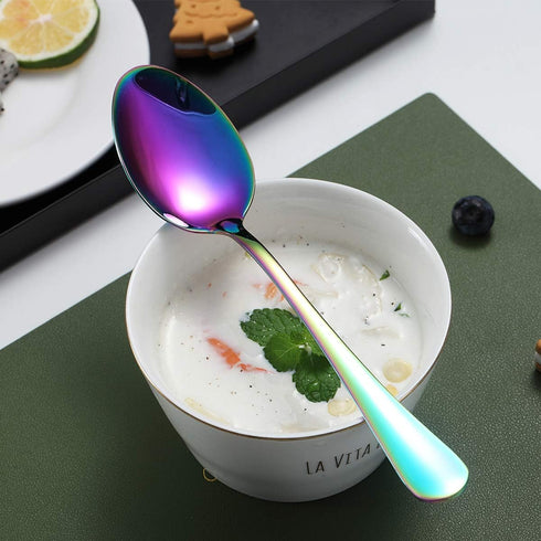 Rainbow Dinner Spoons, Kyraton 6 Pieces 7.5" Stainless Steel Table Spoon With Titanium Colorful Plating, Rainbow Soup Spoons, Dessert Spoons Slive...
