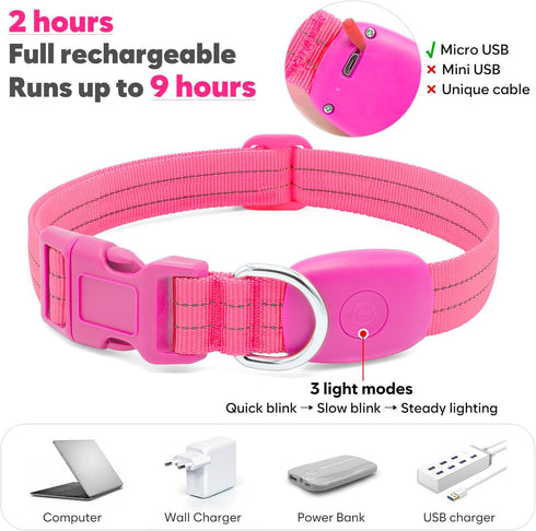 Light Up Dog Collars Rechargeable, Reflective LED Glow Dark Dog Collar for Small Medium Large Dogs, Adjustable Pet Dog Lights for Safe Night Walk-...