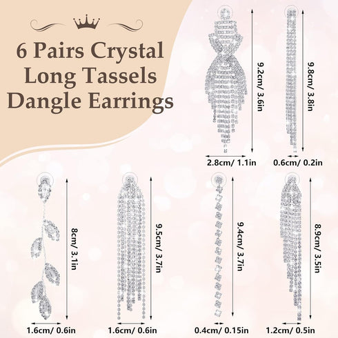 Sureio 6 Pairs Long Earrings Silver Chandelier Tassel Dangle Earrings for Women Wedding Prom Party Jewelry Fringe Rhinestone Earrings Boho Tassel ...
