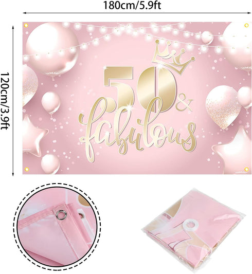 50 and Fabulous Backdrop Banner Happy 50th Birthday Background Decorations Fifty for Women Her Anniversary Photography Party Supplies Rose Gold, P...