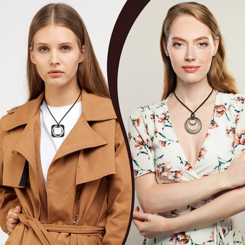 8 Pcs Long Wooden Pendant Necklaces for Women Bohemian Sweater Necklace Set Wooden Faux Leather Long Necklaces for Women Men Vintage Necklace Boho...