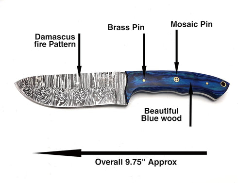 BCK damascus knife damascus steel hunting knife Fixed Blade Hunting Knife with Sheath - Damascus Knife with Blue Wood Handle - 9.75 Inches Handmad...