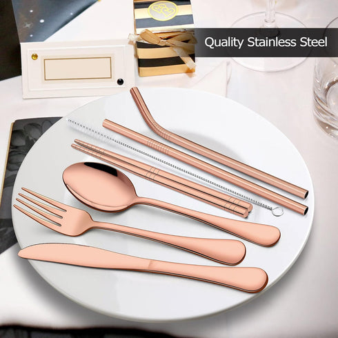 LIANYU 8-Piece Portable Utensils Set, Stainless Steel Copper Travel Silverware Set, Reusable Flatware Cutlery with Straws Chopsticks, Gray Case...