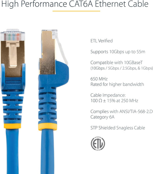 StarTech.com 10ft CAT6a Ethernet Cable - 10 Gigabit Shielded Snagless RJ45 100W PoE Patch Cord - 10GbE STP Network Cable w/Strain Relief - Blue Fl...