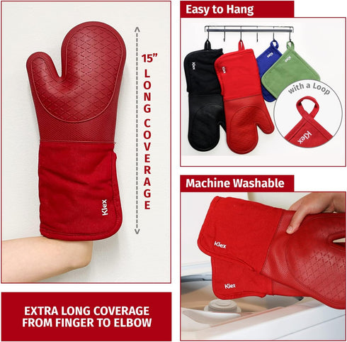 Klex Extra Long Silicone Oven Mitts, 932°F Degrees Heat Resistance with Quilted Cotton Liner Oven Gloves, 2 Piece Set, 15 inch, Red...